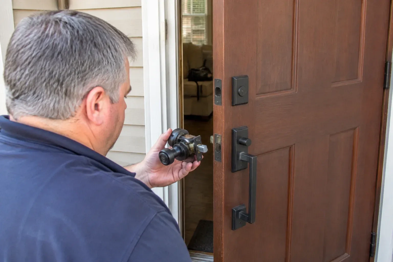 Person holding a removed black lock assembly beside a partly open brown front door with a long black pull handle. — Home Lockout Service, Oro-Medonte