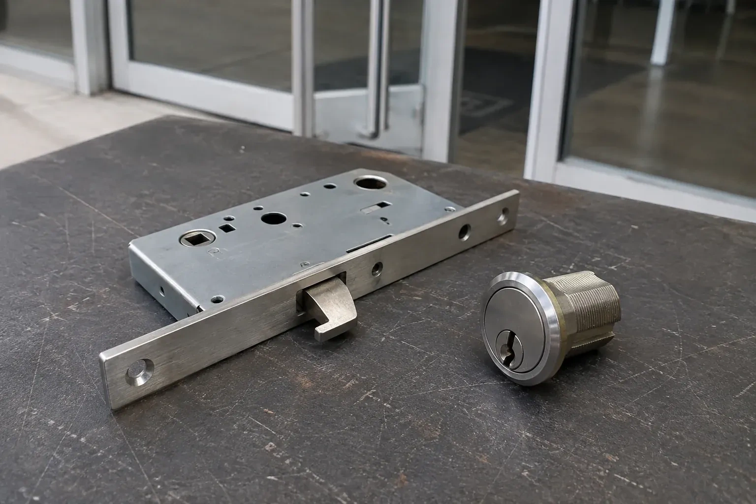 Detached mortise lock body with a projecting hook-shaped bolt beside a threaded cylinder. — Commercial-Grade Lock Replacement, Oro-Medonte