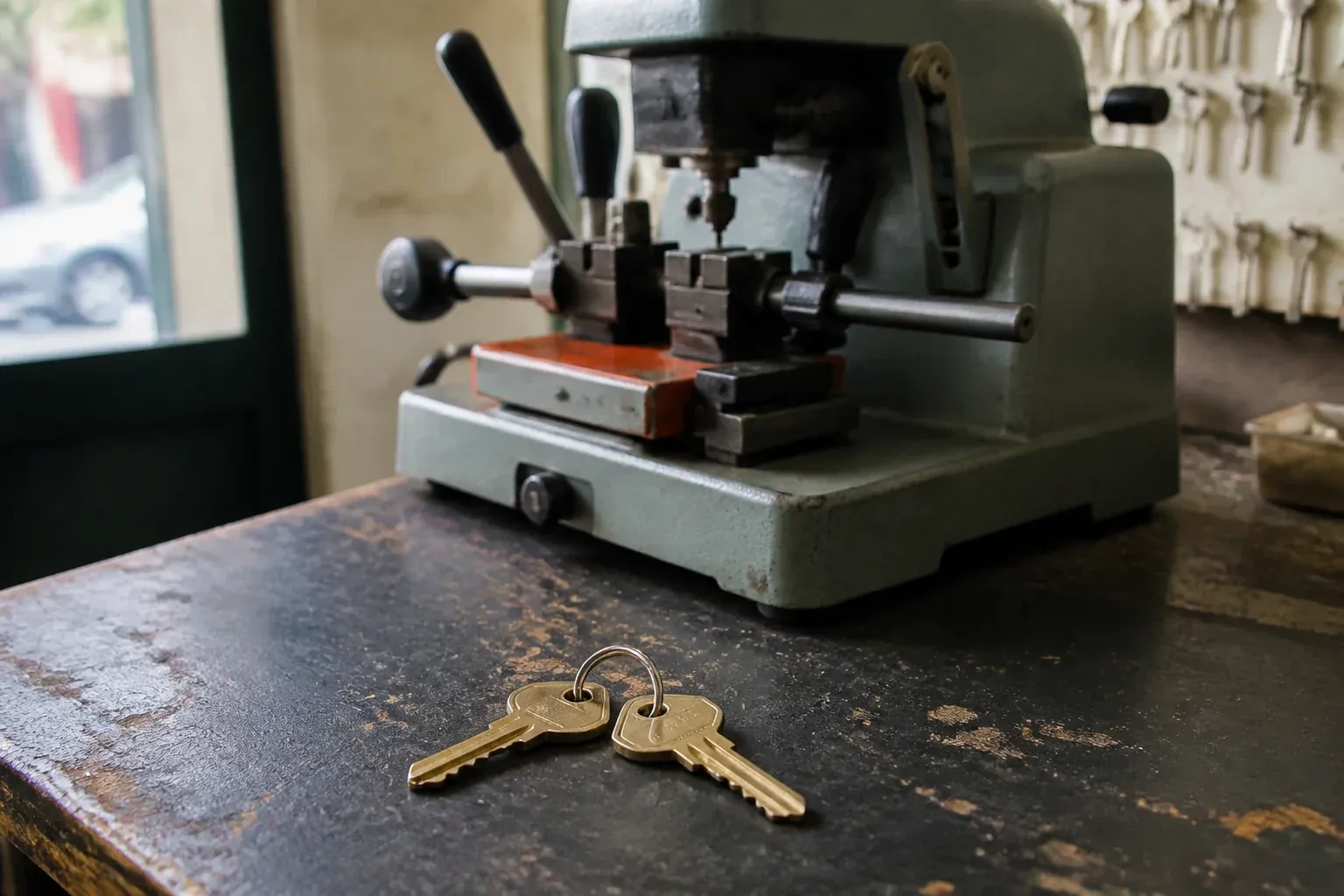 Two brass house keys on a ring resting on a workshop counter. — Spare Car Key Duplication, Oro-Medonte