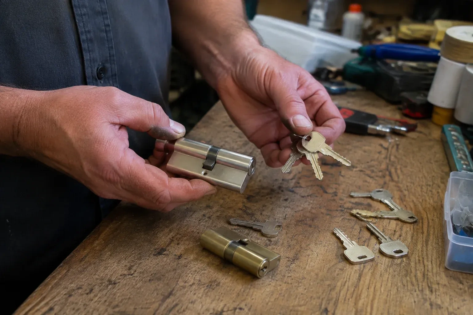 Hands holding a lock cylinder and a ring of keys above a worn workbench with another cylinder and loose keys. — Lock Rekeying, Oro-Medonte
