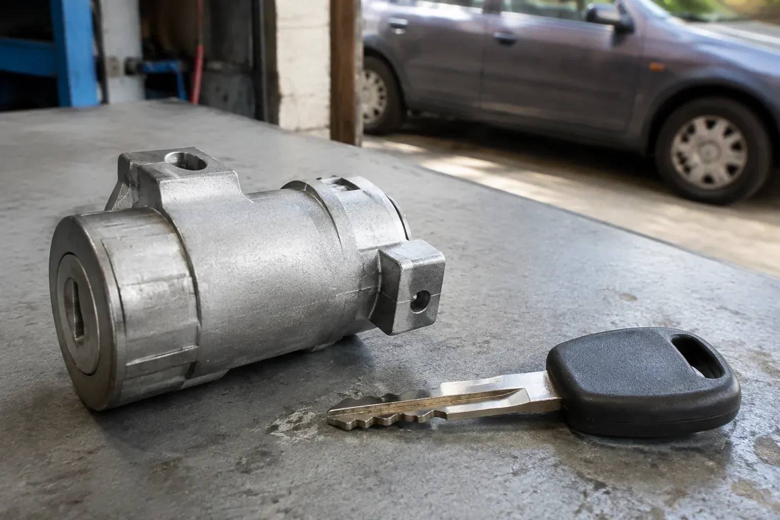 Detached cylindrical lock housing and black-headed key on an automotive workbench. — Ignition Lock Repair, Oro-Medonte