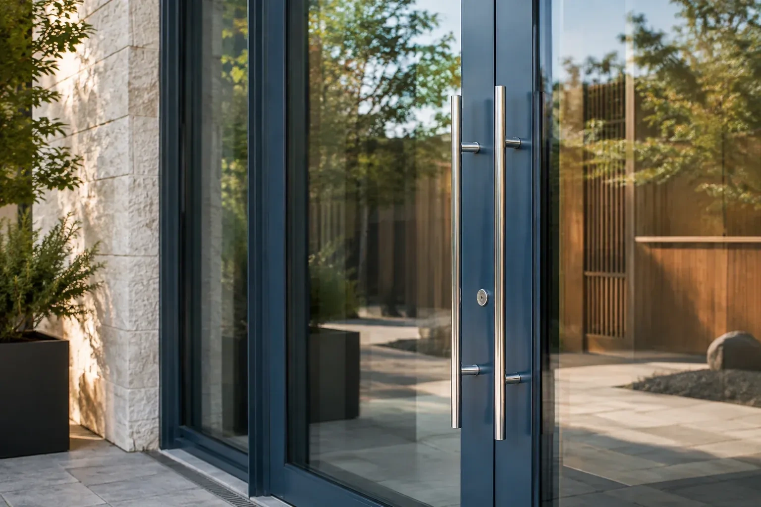 Dark-framed glass entrance doors with long silver-colored vertical pull handles and a round keyhole. — Business Lockout Service, Oro-Medonte