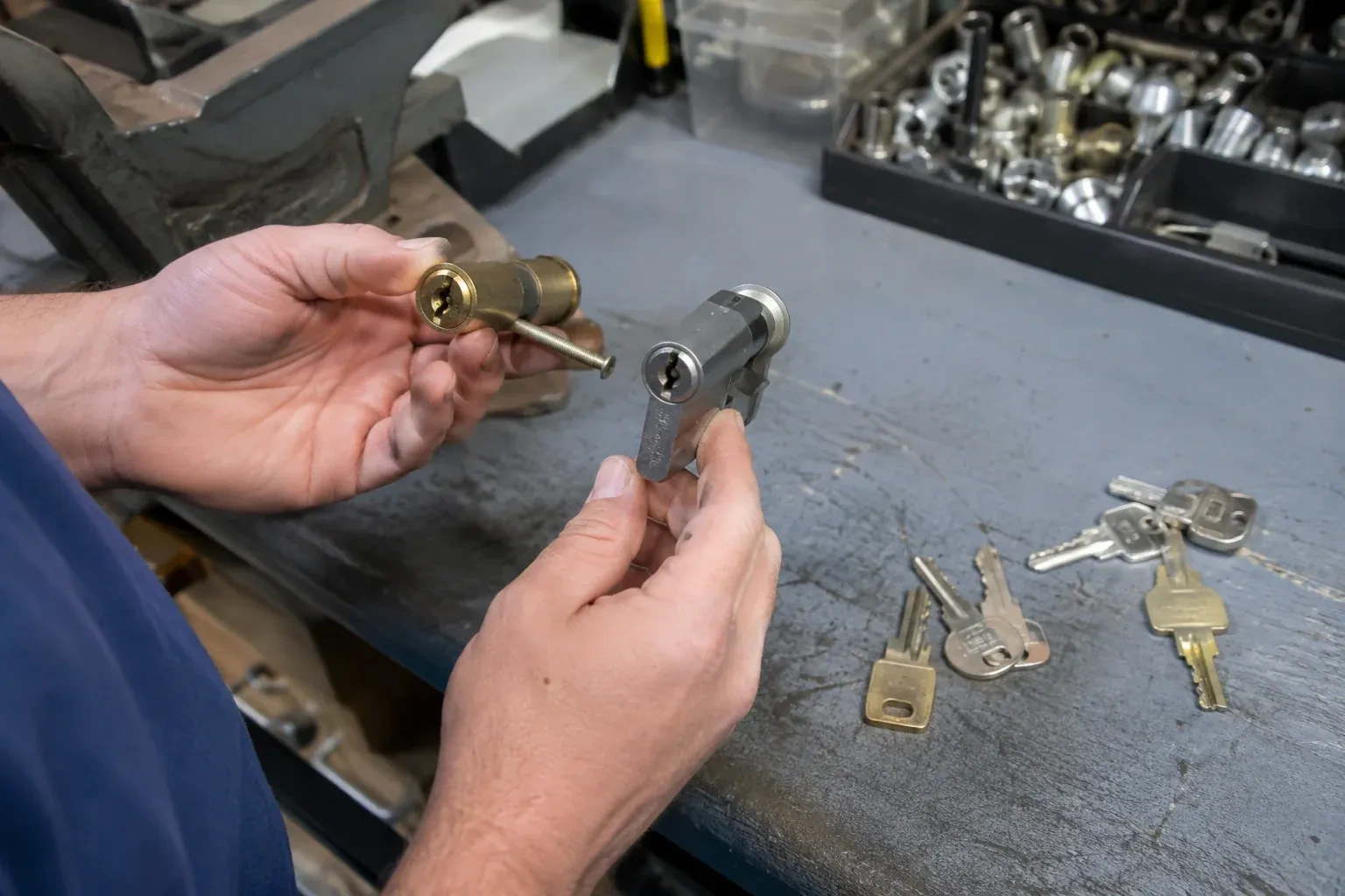 Hands comparing detached lock cylinders beside loose keys on a workbench. — Broken Key Extraction, Oro-Medonte