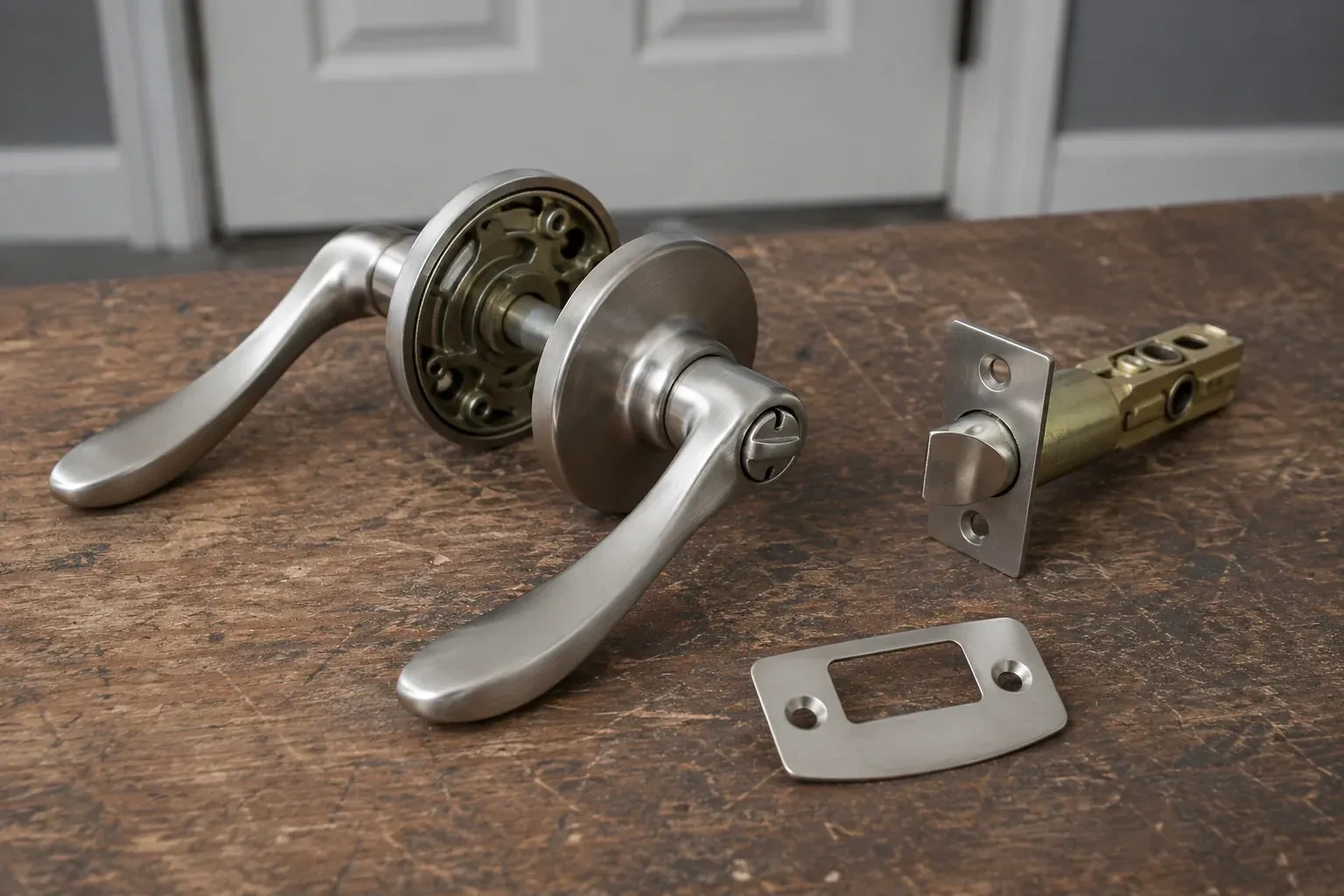 Detached satin-nickel lever hardware, tubular latch and strike plate on a wooden workbench. — Lock Replacement & Upgrade, Oro-Medonte