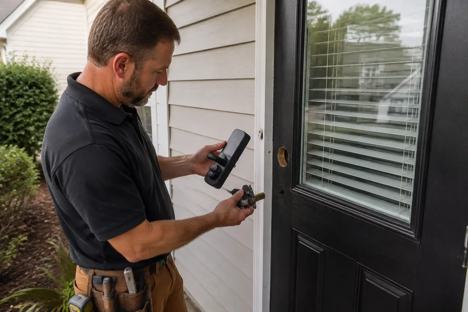 Person holding a black door-handle assembly and a latch beside a glazed door with exposed lock openings. — Smart Lock Installation, Oro-Medonte