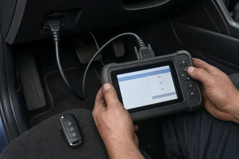 Hands holding a diagnostic tablet connected beneath a car dashboard, with a key fob resting on the person’s leg. — Key Fob Programming, Oro-Medonte