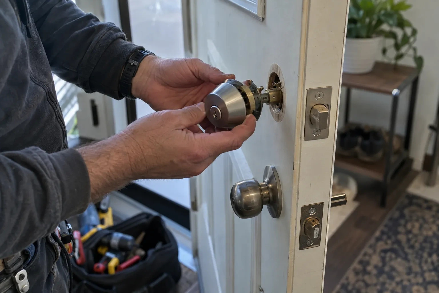 Hands lining up a steel deadbolt with the round bore in a white door above a knob, an open tool bag below. — Mordolphin