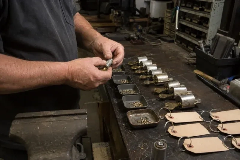 Person handling a lock cylinder at a workbench lined with cylinders, keys, small pin trays and blank key tags. — Commercial Rekeying, Oro-Medonte