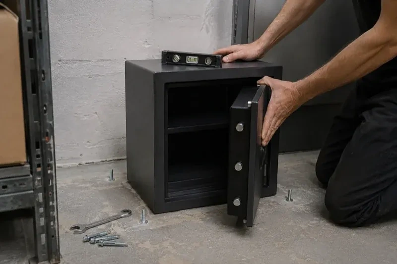 Person kneeling beside an open black safe with a spirit level on top and loose bolts and a wrench on the concrete floor. — Safe Installation & Servicing, Mordolphin