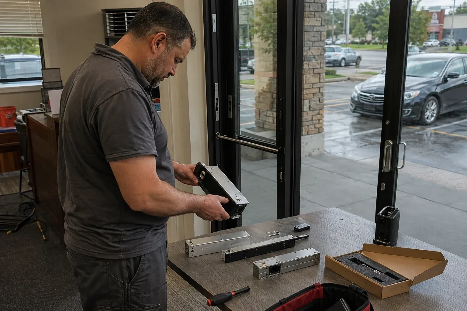 Person holding a rectangular door-hardware housing at a table with additional metal assemblies beside a glass entrance. — Access Control Installation, Oro-Medonte