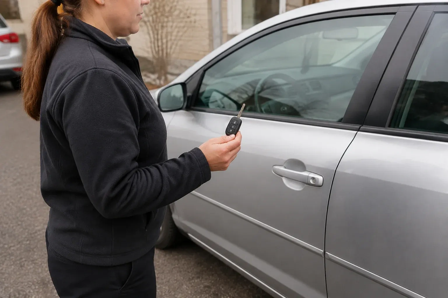Technician holding a remote key with an extended blade beside a silver car. — Car Key Replacement, Oro-Medonte