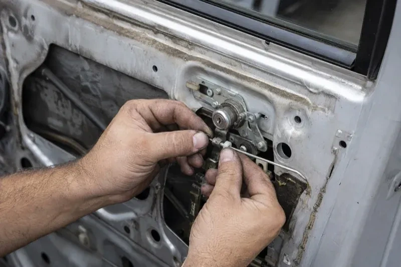 Hands holding a small linkage beside an exposed car-door lock mechanism with the interior trim removed. — Vehicle Lock Repair, Oro-Medonte