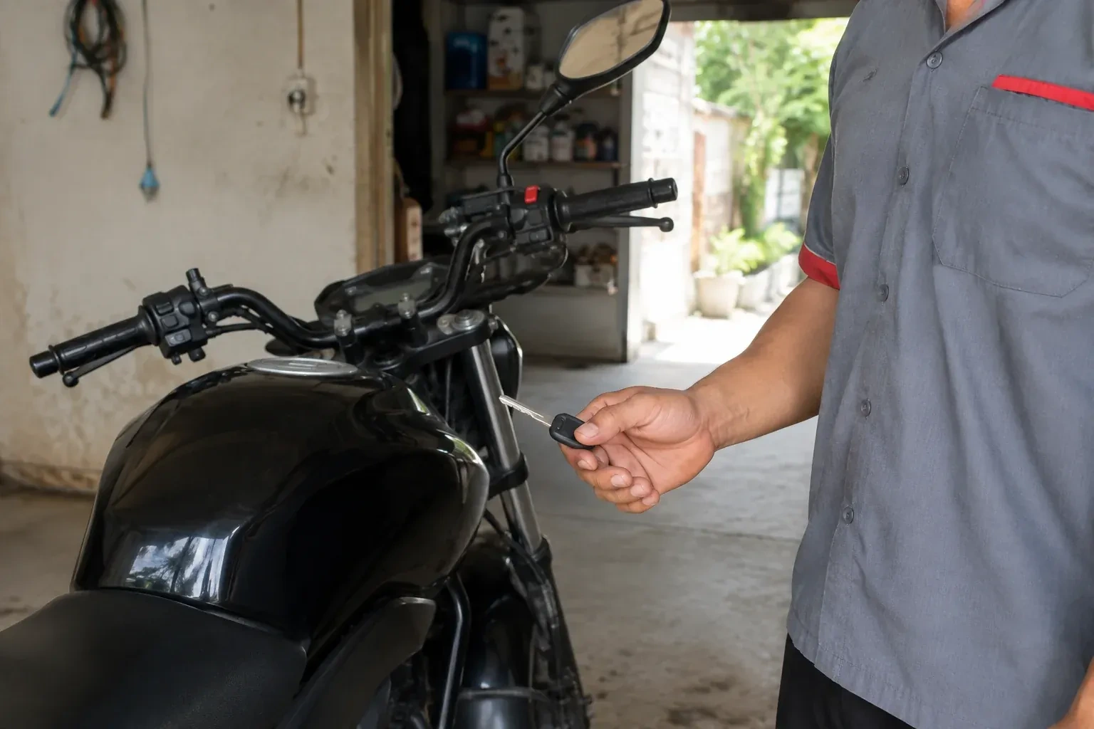 Technician holding a black-headed key beside a parked motorcycle. — Motorcycle & Scooter Keys, Oro-Medonte