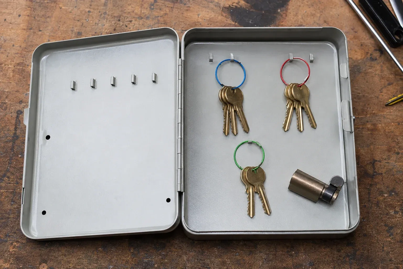 Three groups of keys on colored rings in an open metal key cabinet. — Master Key System Design, Oro-Medonte