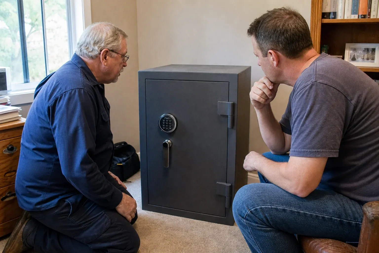 Two adults discussing a closed keypad safe in a home study. — Safe Opening & Combination Change, Oro-Medonte