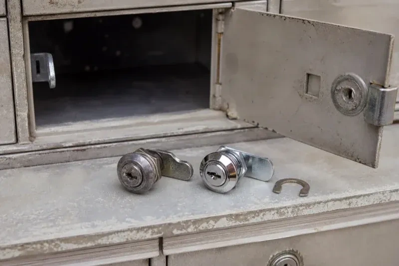 Two loose cam locks and a retaining clip resting below an open metal mailbox compartment. — Mailbox Lock Replacement, Oro-Medonte