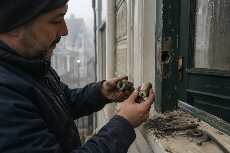 Person holding two lock cylinders beside an open painted door, with loose hardware and debris on the sill. — Seized & Jammed Lock Opening, Oro-Medonte