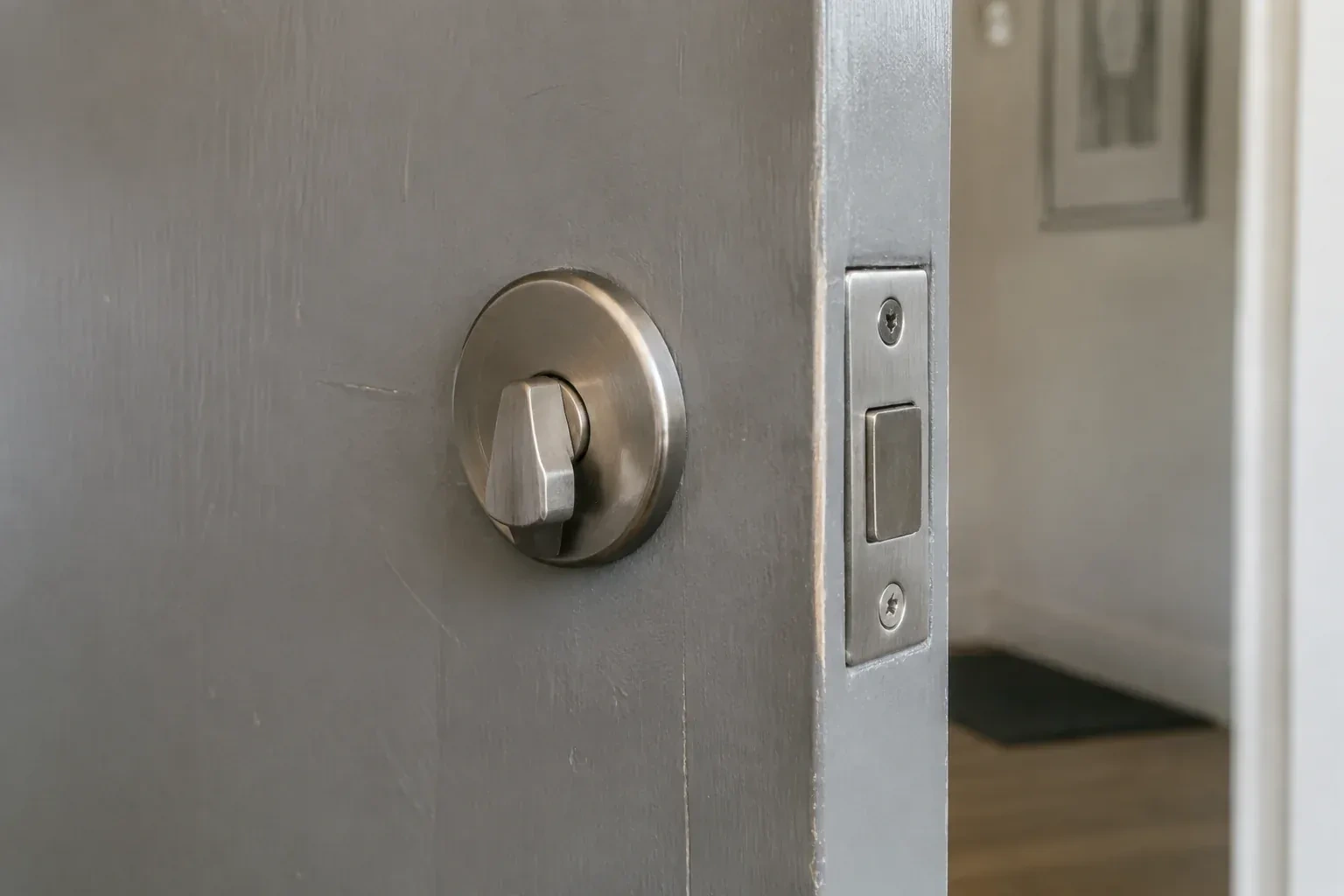 Close view of a satin-nickel deadbolt thumbturn and edge faceplate on a painted timber door. — Deadbolt Installation, Oro-Medonte
